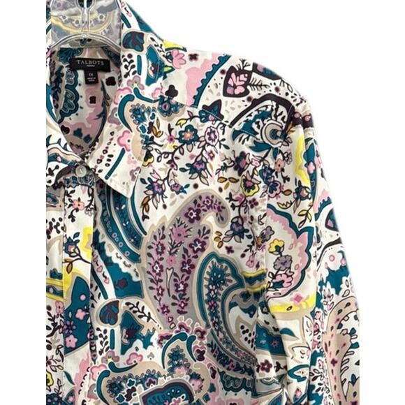 Talbots 1X Watercolor LS Tab Sleeve Paisley Button Up Blouse Shirt Top Plus - Picture 5 of 7